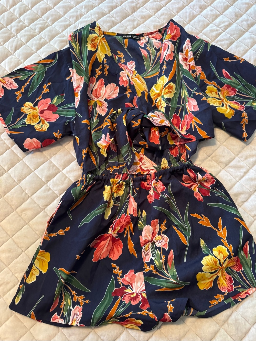 SHEIN Navy Floral Tie-Front Romper with Pink Yellow Green Accents